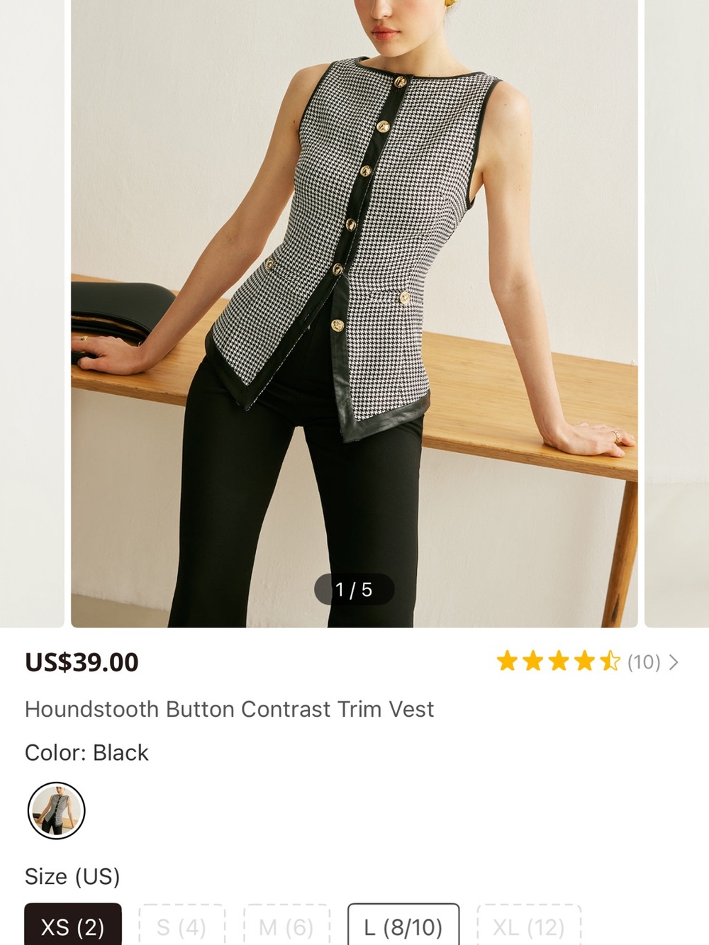 Black Houndstooth Button Contrast Trim Vest